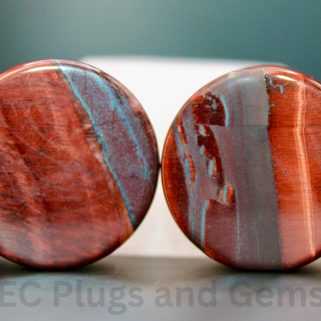 Red Tiger Eye Double Flare Stone Plugs Pair Red and Black - EC Plugs