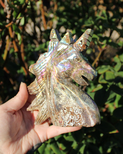 Rainbow Aura Sphalerite Unicorn Stone Carving – Polished Crystal Unicorn Display Piece