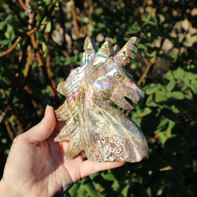 Rainbow Aura Sphalerite Unicorn Stone Carving – Polished Crystal Unicorn Display Piece