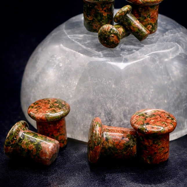 Unakite Single Flare Stone Plugs Pair 3mm-16mm Pink and Green Gauges