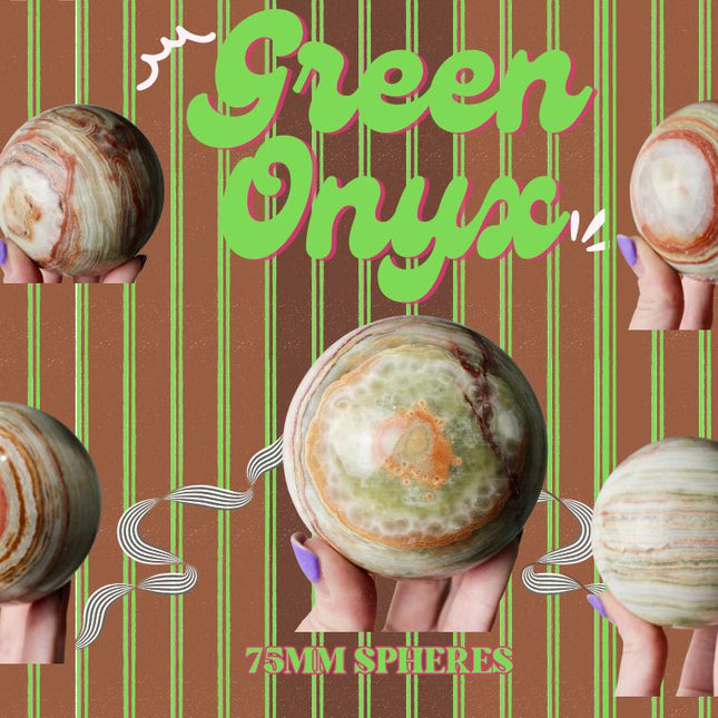 Green Onyx Sphere 75mm –Pick Your Exact Sphere, Natural Stone Decorative Sphere, Polished Green and Brown Onyx Ball for Display, Home or Office Décor