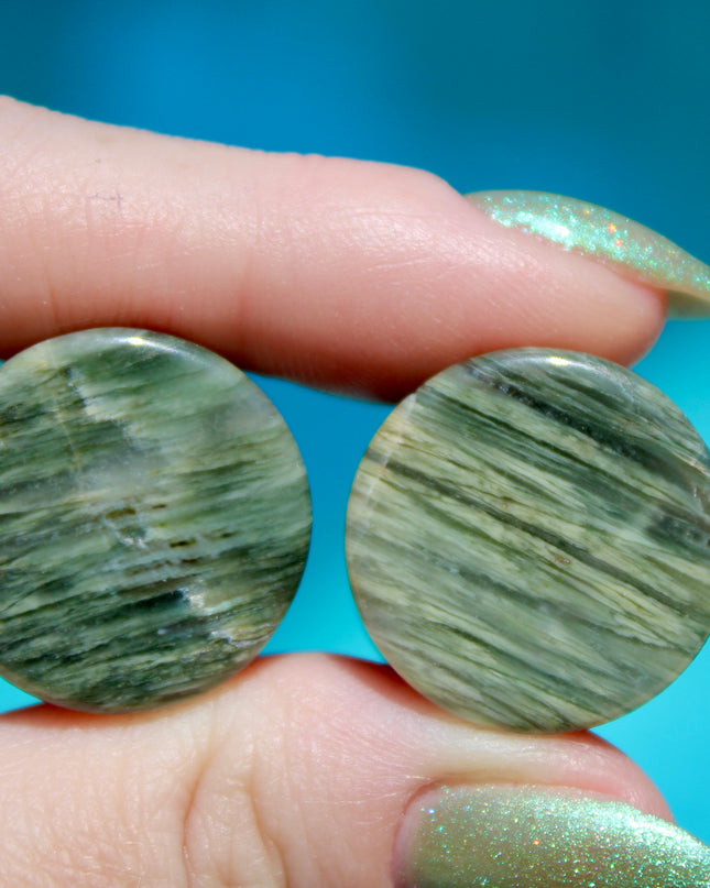 A bold pair of Green Jasper Double Flare Plugs sits elegantly on a neutral surface, radiating natural strength and earthy charm. Each plug is carved from genuine Green Jasper, showcasing deep olive and forest tones, marbled with organic patterns of black, brown, or mossy veining. The polished surface highlights the stone’s natural texture and depth, making every pair unique. 