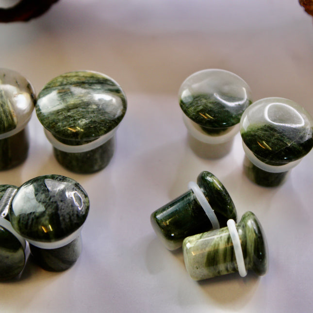 A striking pair of Green Jasper Single Flare Plugs is displayed against an earthy-toned backdrop. Each plug features deep forest green hues with natural patterns of dark veining and subtle swirls, unique to every piece. The surface is smoothly polished, bringing out the rich, organic tones of the stone. Designed with a single flare and a comfortable wearable area, they include O-rings for a secure fit. 