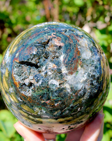 Ocean Jasper XL Sphere – 88mm Polished Stone Ball with Gorgeous Druzy and Crystal Banding, Natural Decorative Sphere, One-of-a-Kind Display Piece