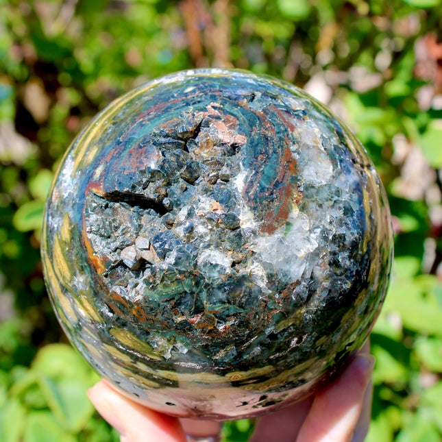 Ocean Jasper XL Sphere – 88mm Polished Stone Ball with Gorgeous Druzy and Crystal Banding, Natural Decorative Sphere, One-of-a-Kind Display Piece
