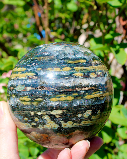 Ocean Jasper XL Sphere – 88mm Polished Stone Ball with Gorgeous Druzy and Crystal Banding, Natural Decorative Sphere, One-of-a-Kind Display Piece