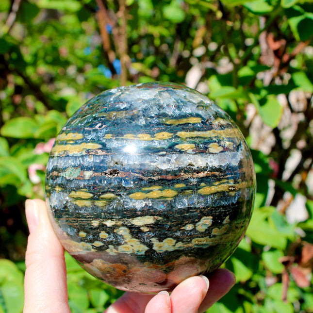 Ocean Jasper XL Sphere – 88mm Polished Stone Ball with Gorgeous Druzy and Crystal Banding, Natural Decorative Sphere, One-of-a-Kind Display Piece