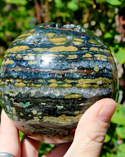 Ocean Jasper XL Sphere – 88mm Polished Stone Ball with Gorgeous Druzy and Crystal Banding, Natural Decorative Sphere, One-of-a-Kind Display Piece