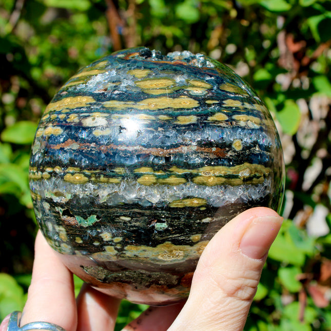 Ocean Jasper XL Sphere – 88mm Polished Stone Ball with Gorgeous Druzy and Crystal Banding, Natural Decorative Sphere, One-of-a-Kind Display Piece