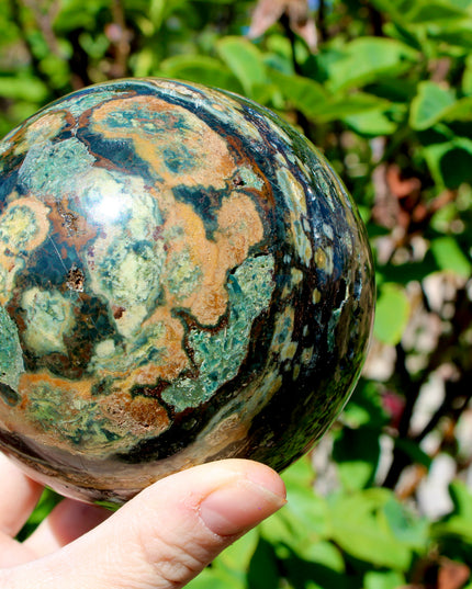 Ocean Jasper XL Sphere – 88mm Polished Stone Ball with Gorgeous Druzy and Crystal Banding, Natural Decorative Sphere, One-of-a-Kind Display Piece