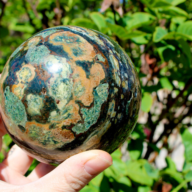 Ocean Jasper XL Sphere – 88mm Polished Stone Ball with Gorgeous Druzy and Crystal Banding, Natural Decorative Sphere, One-of-a-Kind Display Piece