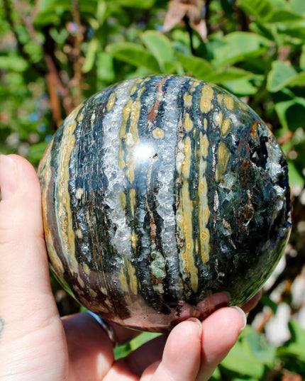 Ocean Jasper XL Sphere – 88mm Polished Stone Ball with Gorgeous Druzy and Crystal Banding, Natural Decorative Sphere, One-of-a-Kind Display Piece