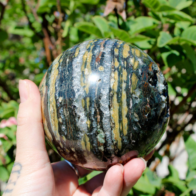 Ocean Jasper XL Sphere – 88mm Polished Stone Ball with Gorgeous Druzy and Crystal Banding, Natural Decorative Sphere, One-of-a-Kind Display Piece