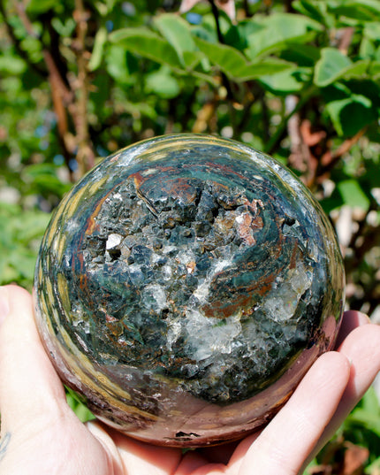Ocean Jasper XL Sphere – 88mm Polished Stone Ball with Gorgeous Druzy and Crystal Banding, Natural Decorative Sphere, One-of-a-Kind Display Piece