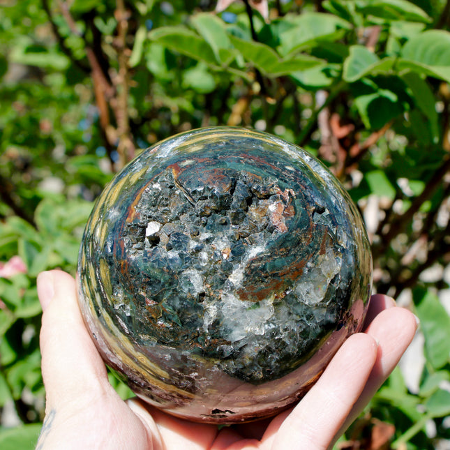 Ocean Jasper XL Sphere – 88mm Polished Stone Ball with Gorgeous Druzy and Crystal Banding, Natural Decorative Sphere, One-of-a-Kind Display Piece