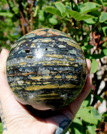 Ocean Jasper XL Sphere – 88mm Polished Stone Ball with Gorgeous Druzy and Crystal Banding, Natural Decorative Sphere, One-of-a-Kind Display Piece