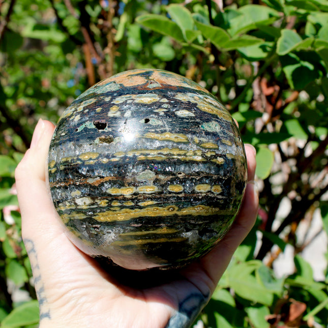 Ocean Jasper XL Sphere – 88mm Polished Stone Ball with Gorgeous Druzy and Crystal Banding, Natural Decorative Sphere, One-of-a-Kind Display Piece