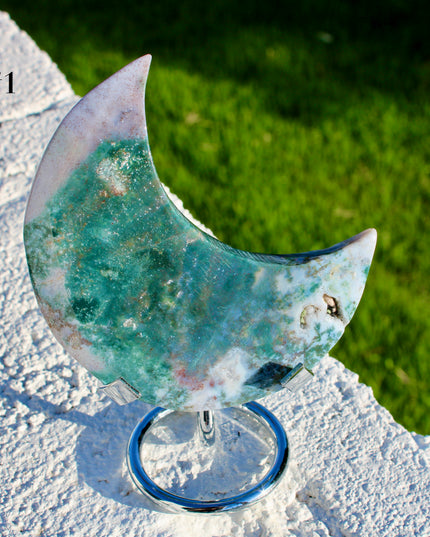 Ocean Jasper Moon Carving – Natural Polished Stone Moon, Pastel Crystal Hand-Carved Jasper Display Piece