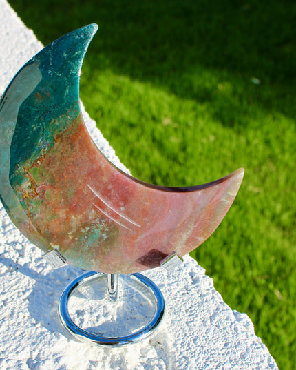 Ocean Jasper Moon Carving – Natural Polished Stone Moon, Pastel Crystal Hand-Carved Jasper Display Piece