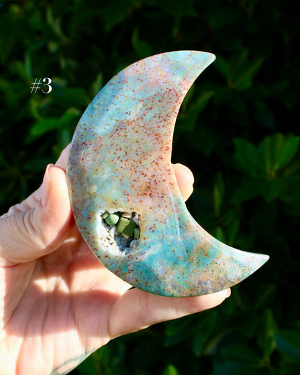 Ocean Jasper Moon Carving – Natural Polished Stone Moon, Pastel Crystal Hand-Carved Jasper Display Piece