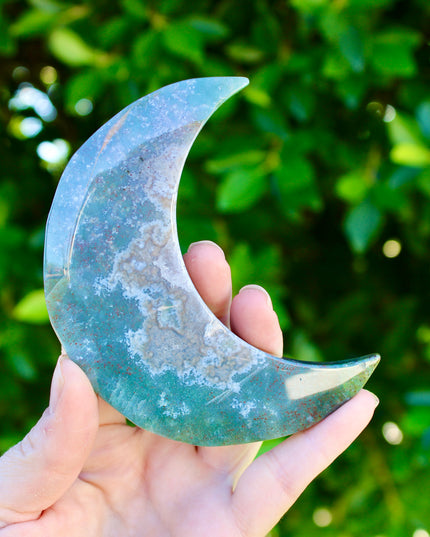 Ocean Jasper Moon Carving – Natural Polished Stone Moon, Pastel Crystal Hand-Carved Jasper Display Piece