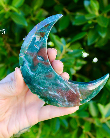 Ocean Jasper Moon Carving – Natural Polished Stone Moon, Pastel Crystal Hand-Carved Jasper Display Piece