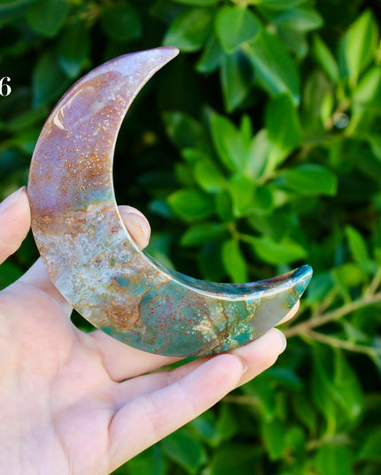 Ocean Jasper Moon Carving – Natural Polished Stone Moon, Pastel Crystal Hand-Carved Jasper Display Piece
