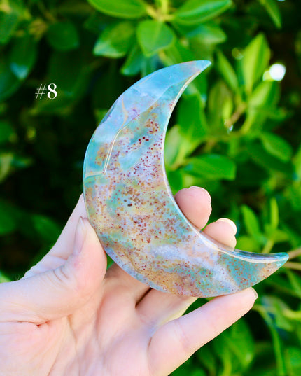 Ocean Jasper Moon Carving – Natural Polished Stone Moon, Pastel Crystal Hand-Carved Jasper Display Piece