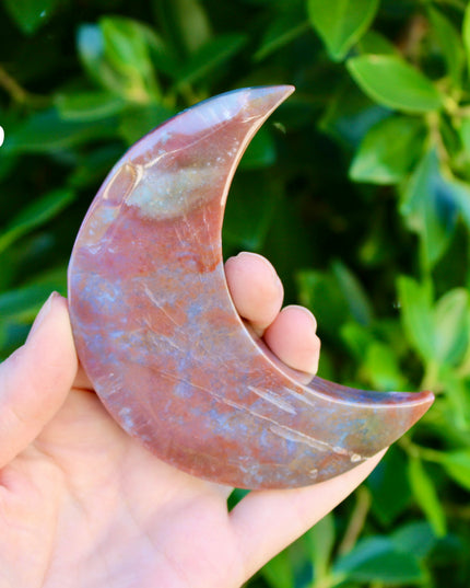 Ocean Jasper Moon Carving – Natural Polished Stone Moon, Pastel Crystal Hand-Carved Jasper Display Piece