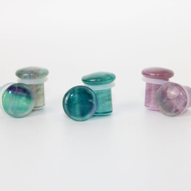 Fluorite Stone Single Flare Plugs Pair of Purple, Green, and Blue Gauges 4mm-25mm