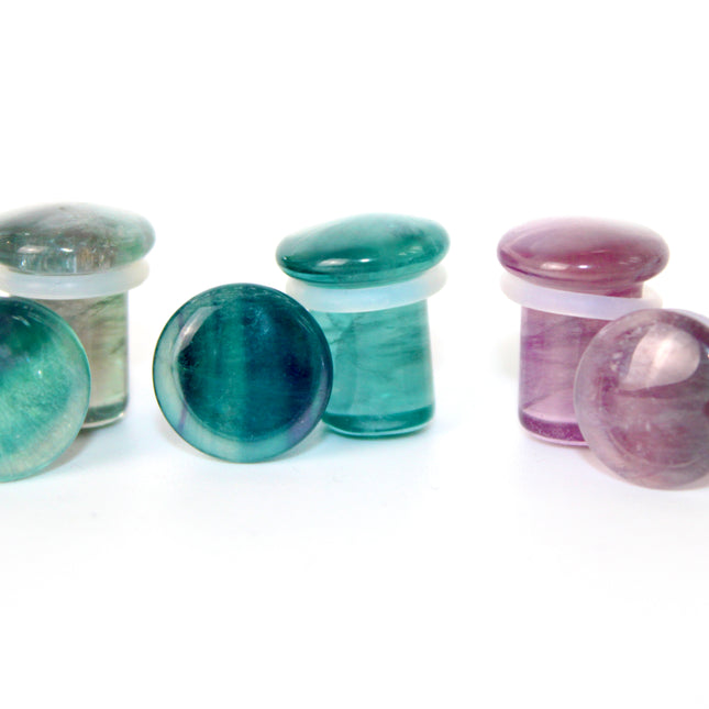 Fluorite Stone Single Flare Plugs Pair of Purple, Green, and Blue Gauges 4mm-25mm