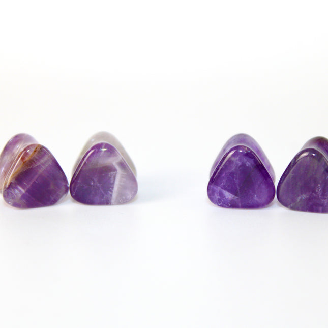 Amethyst Stone Triangle Plugs Double Flare Purple Pair of Gauges 5mm-12mm