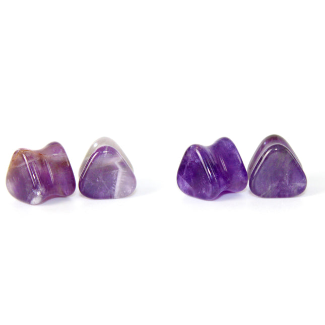 Amethyst Stone Triangle Plugs Double Flare Purple Pair of Gauges 5mm-12mm