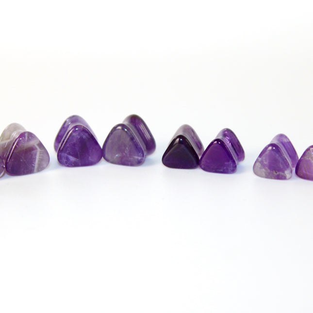 Amethyst Stone Triangle Plugs Double Flare Purple Pair of Gauges 5mm-12mm