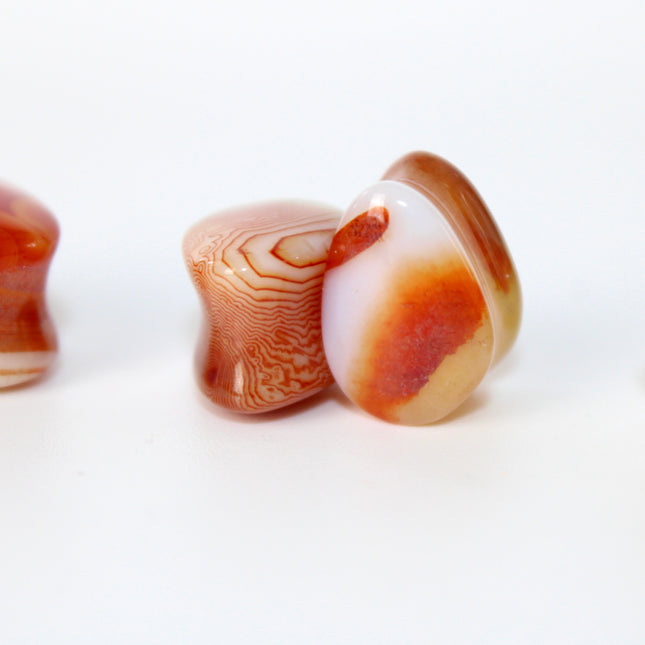 Carnelian Agate Stone Tear Drop Double Flare Plugs - Red and Orange Gauges 6mm-14mm