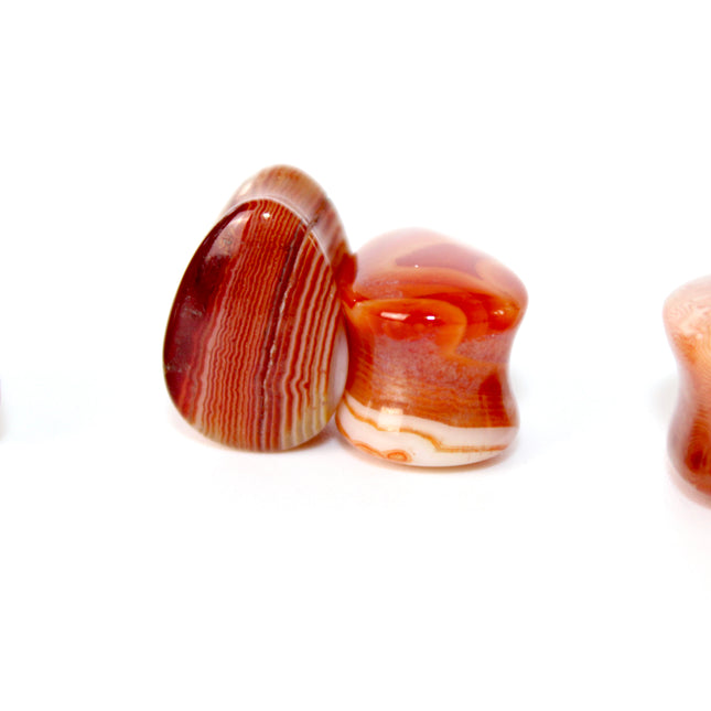 Carnelian Agate Stone Tear Drop Double Flare Plugs - Red and Orange Gauges 6mm-14mm