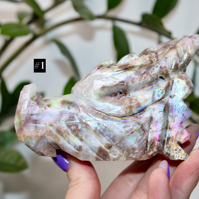 Person holding a large, iridescent dragon skull crystal carving with a blurred green plant background