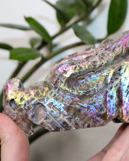 Person holding a large, iridescent dragon skull crystal carving with a blurred green plant background