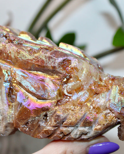 Person holding a large, iridescent dragon skull crystal carving with a blurred green plant background