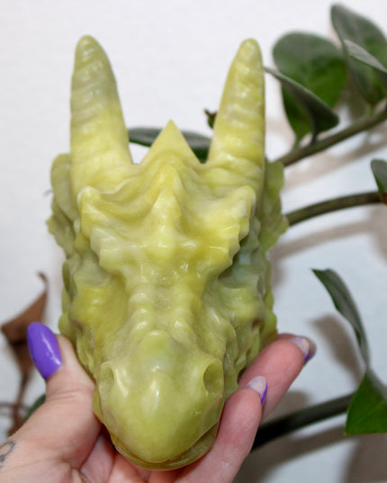 Large Xiuyan Jade Dragon Skull – Hand-Carved Green Stone Sculpture, Fantasy Decor, Unique Collector’s Piece, Statement Display