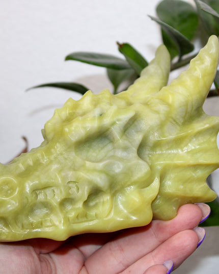 Large Xiuyan Jade Dragon Skull – Hand-Carved Green Stone Sculpture, Fantasy Decor, Unique Collector’s Piece, Statement Display