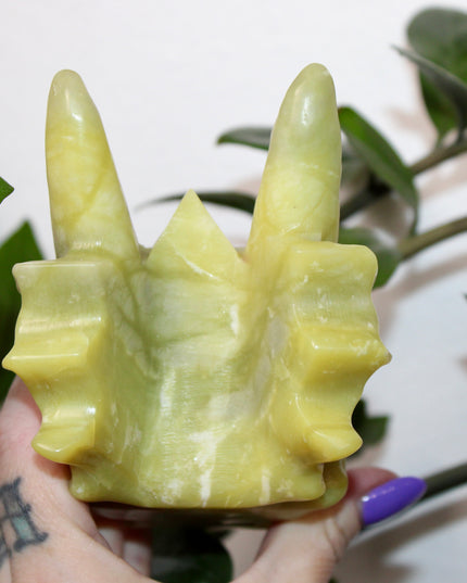 Large Xiuyan Jade Dragon Skull – Hand-Carved Green Stone Sculpture, Fantasy Decor, Unique Collector’s Piece, Statement Display