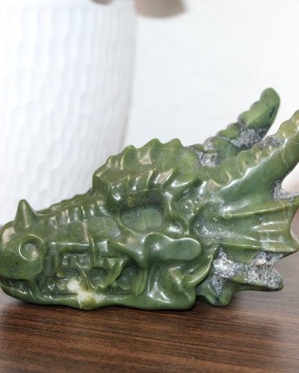 Large Xiuyan Jade Dragon Skull – Hand-Carved Green Stone Sculpture, Fantasy Decor, Unique Collector’s Piece, Statement Display