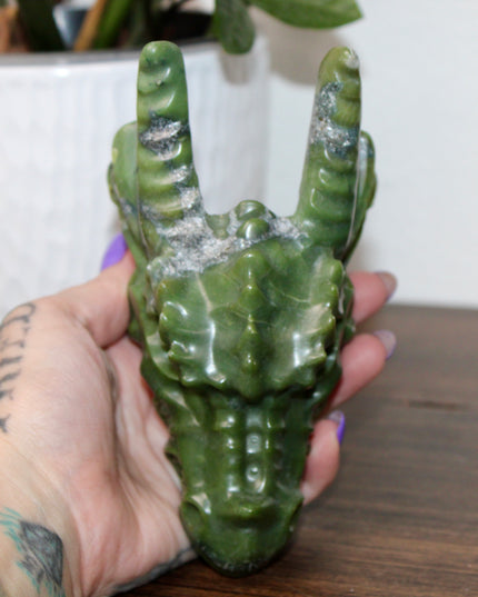Large Xiuyan Jade Dragon Skull – Hand-Carved Green Stone Sculpture, Fantasy Decor, Unique Collector’s Piece, Statement Display