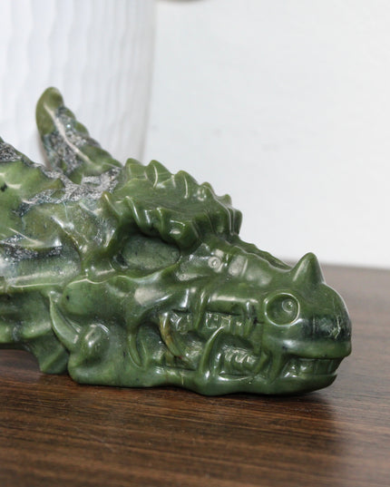Large Xiuyan Jade Dragon Skull – Hand-Carved Green Stone Sculpture, Fantasy Decor, Unique Collector’s Piece, Statement Display