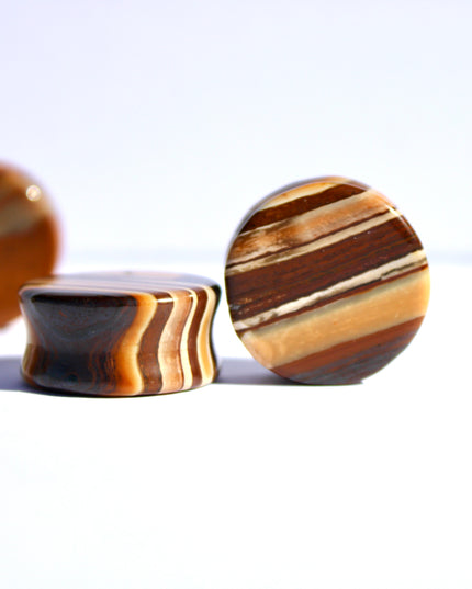 Sunset Jasper Double Flare Stone Plugs Brown and Hematite Striped Gauges Pair 4mm-25mm
