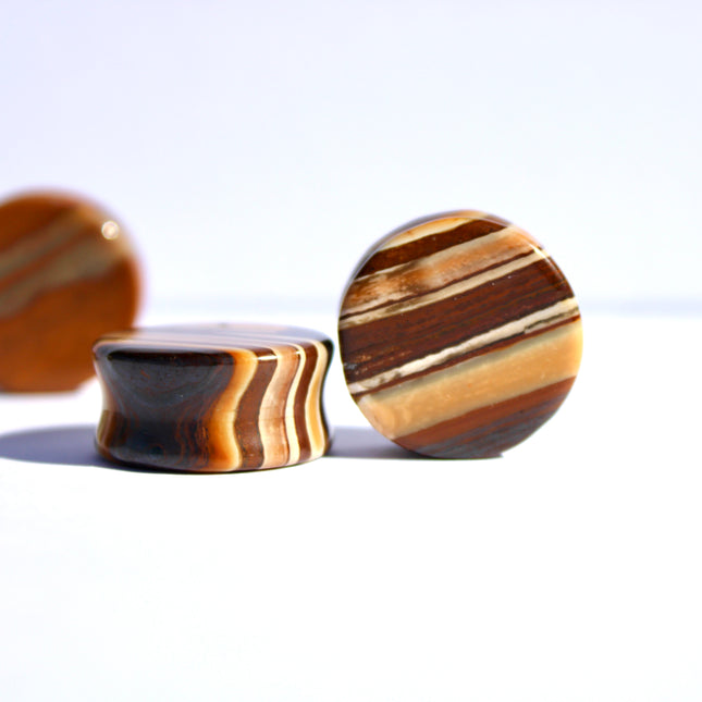 Sunset Jasper Double Flare Stone Plugs Brown and Hematite Striped Gauges Pair 4mm-25mm