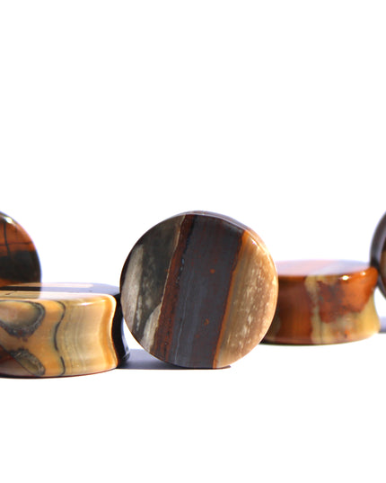 Sunset Jasper Double Flare Stone Plugs Brown and Hematite Striped Gauges Pair 4mm-25mm