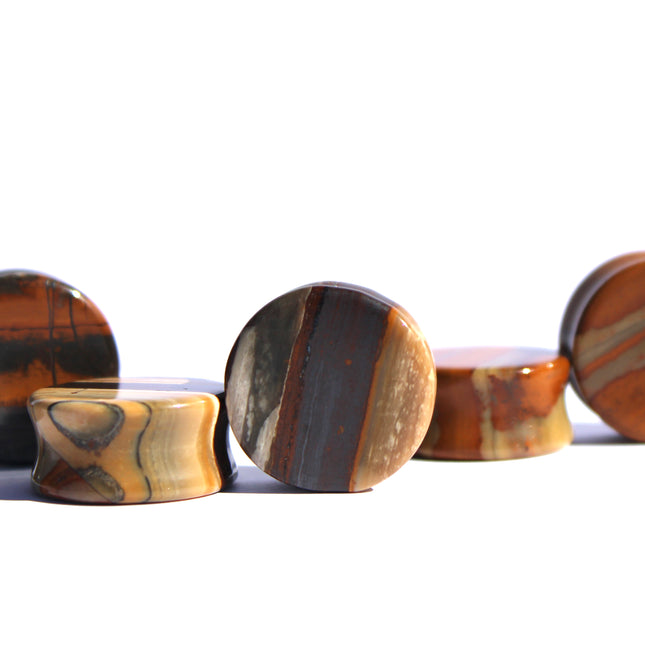 Sunset Jasper Double Flare Stone Plugs Brown and Hematite Striped Gauges Pair 4mm-25mm