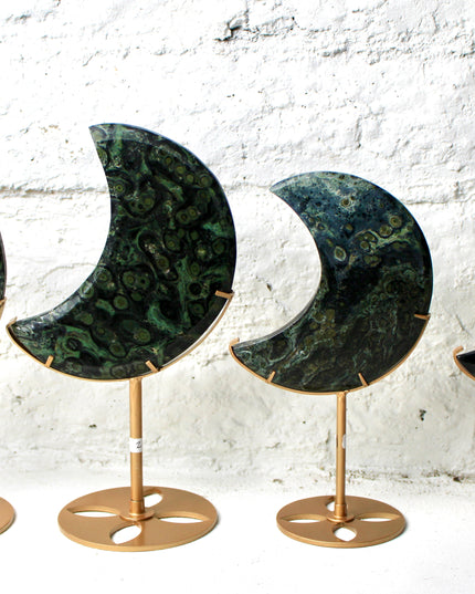 Kambaba Jasper Stone Moon with Custom Gold Display Stand - You Pick, Green Eyed Jasper Moon Statement Crystal 